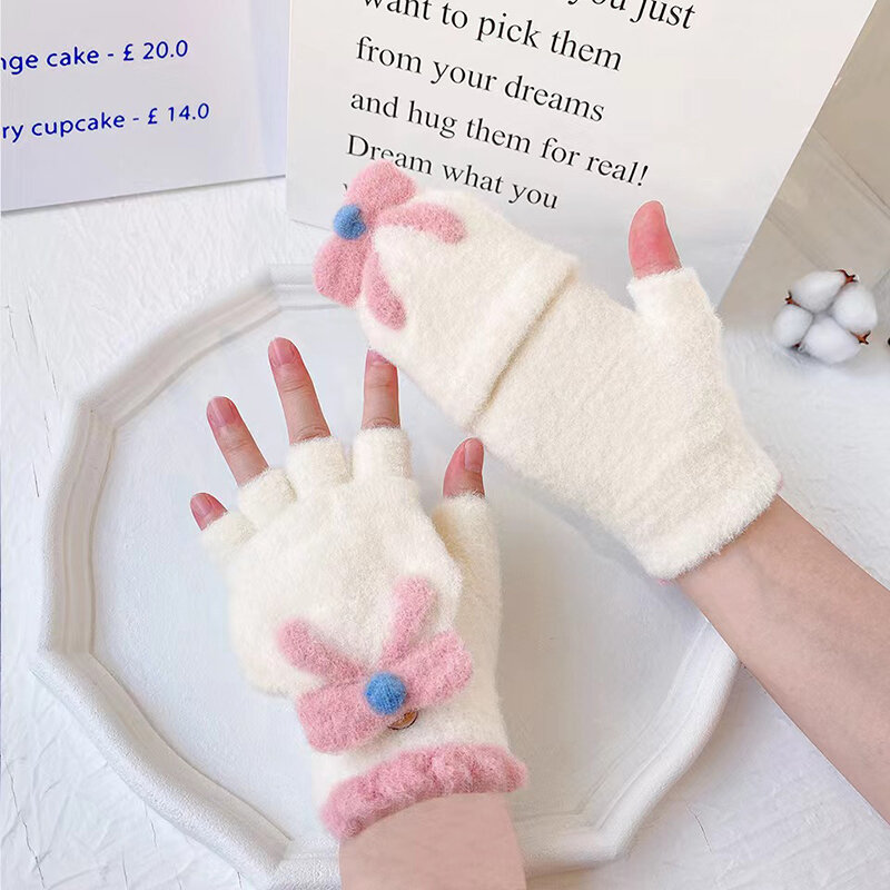 Lông Chồn Lật Fingerless Gloves Hoạt Hình Nơ Nữ Dễ Thương Đan Len Ngón Tay Học Sinh Kawaii Cô Gái Mùa Đông Găng Tay Hở Ngón T159