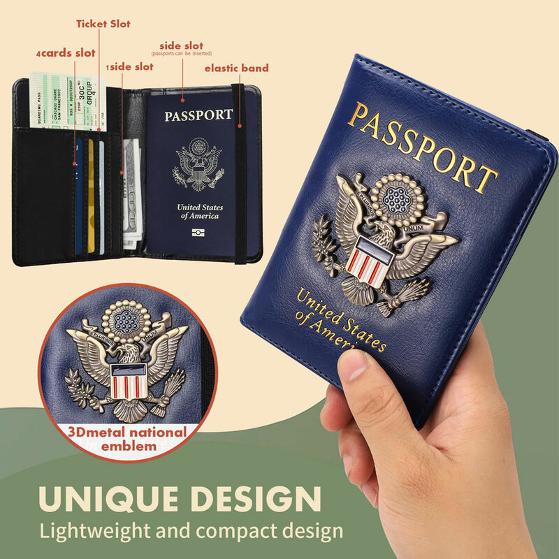 Carteira de passaporte personalizada para homens e mulheres, RFID US Passport Cover Case, protetor de livro de couro impermeável, slot para cartão