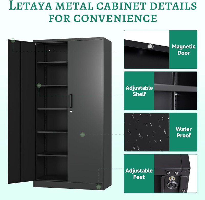 Letaya Metal Storage Cabinets with Lock, Tall Locker Organizer Steel Cabinets, Adjustable Layers Shelves 2 Doors,Multiple colors