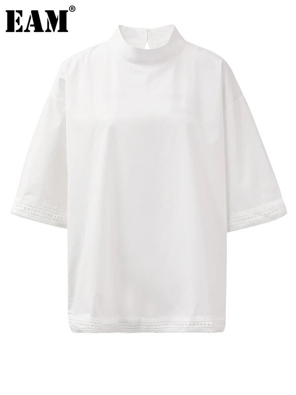 Женская блузка с высоким воротником EAM, белая элегантная рубашка с рукавом три четверти, большие размеры, весна-осень 2024