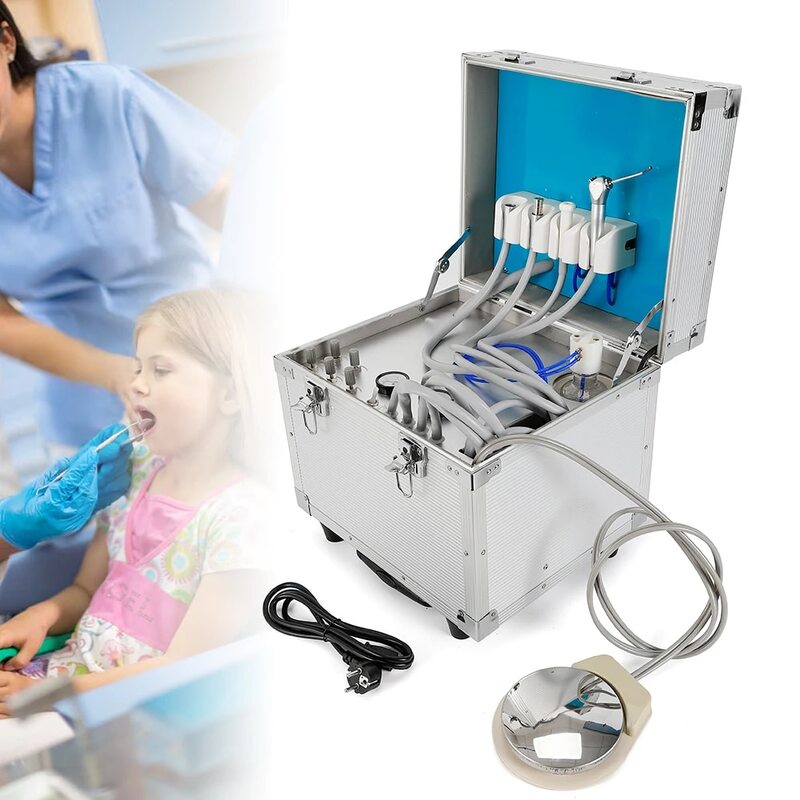 Unidad Dental Móvil de 4 agujeros, caja rodante portátil con Compresor de aire sin aceite, equipo Dental para clínica móvil
