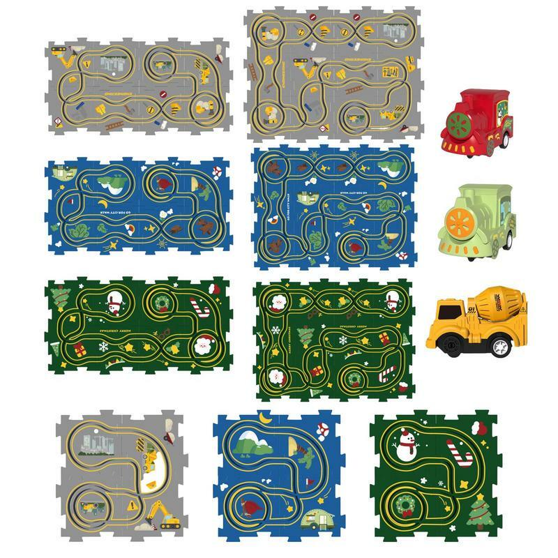 Set mainan jalur Puzzle mobil rel, Set permainan teka-teki edukasi elektrik anak-anak, mainan jalur mobil rel konstruksi pemandangan peta kota DIY