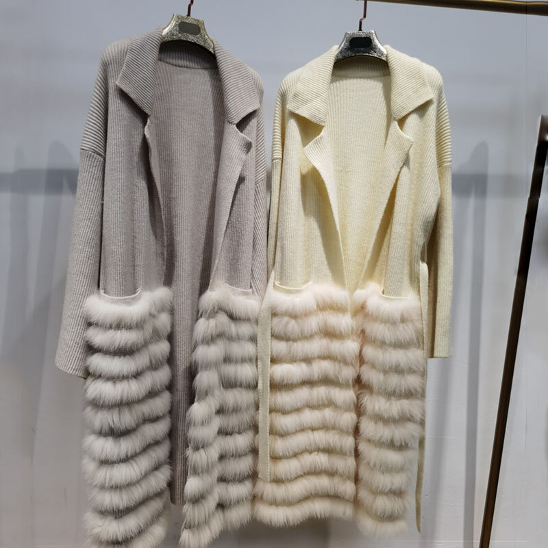 Женский длинный вязаный свитер, пальто с полосками из натурального Лисьего меха и длинным рукавом, свободные осенние женские пальто, вязаный кардиган, верхняя одежда