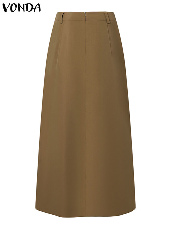 VONDA-Elegante saia maxi longa, cor sólida, plissada, casual, bolsos soltos, cintura alta, fundo vintage, moda, 2022