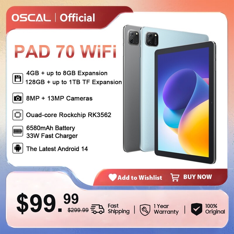 OSCAL-Pad 70 WiFi Tablet, andróide 14, 10.1 ", FHD + Display, Quad Core, 12GB, 4 + 8GB RAM, 128GB ROM, Bateria 6580mAh, Câmera 13MP, blackview