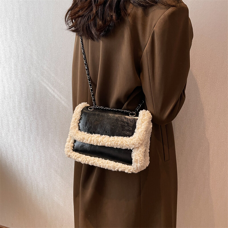 Borsa a tracolla a catena di moda in lana di agnello borsa a tracolla da donna in morbida pelle PU borsa a tracolla da donna di marca con patta piccola