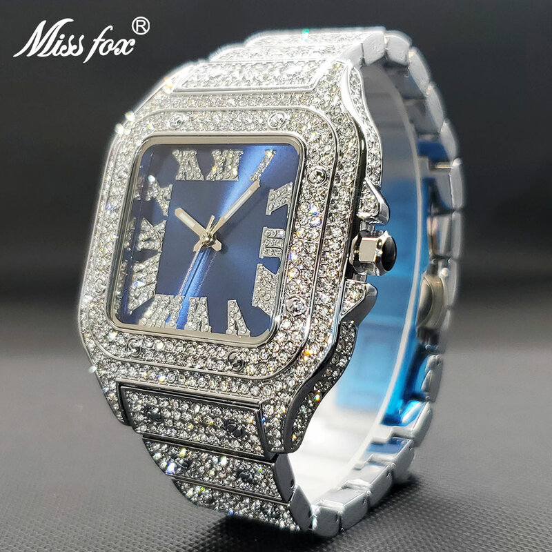 นาฬิกาควอตซ์ Luxury Iced Out เพชรสีน้ำเงิน Dial นาฬิกาหน้าปัดทรงสี่เหลี่ยมสำหรับ Men Women Party เครื่องประดับกันน้ำ Unisex นาฬิกา Lover ของขวัญ