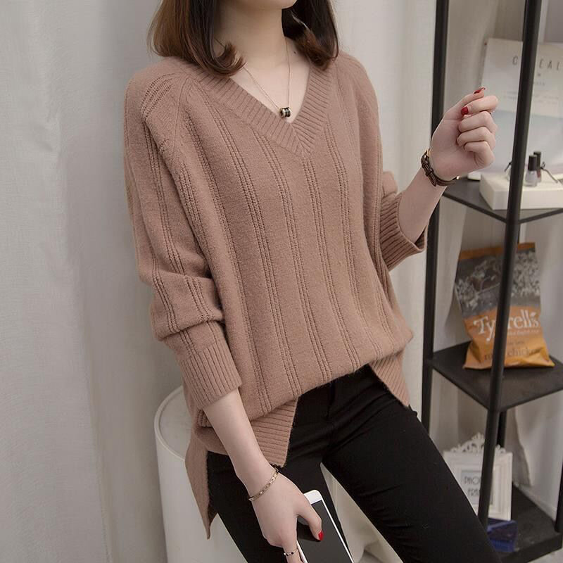 Autumn Winter Oversized V-neck Solid Sweater Top Women Simple All-match Bottoming Knitting Jumpers Loose Casual Fashion Pullover