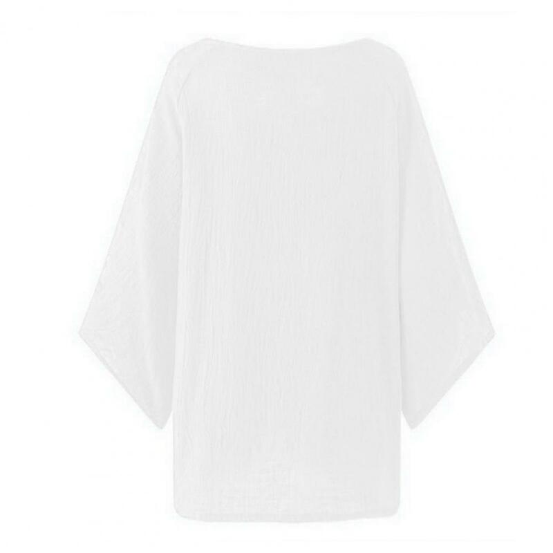 Camiseta feminina texturizada de verão, manga 3/4, gola redonda na moda para escritório, textura macia, elegante, monocromática