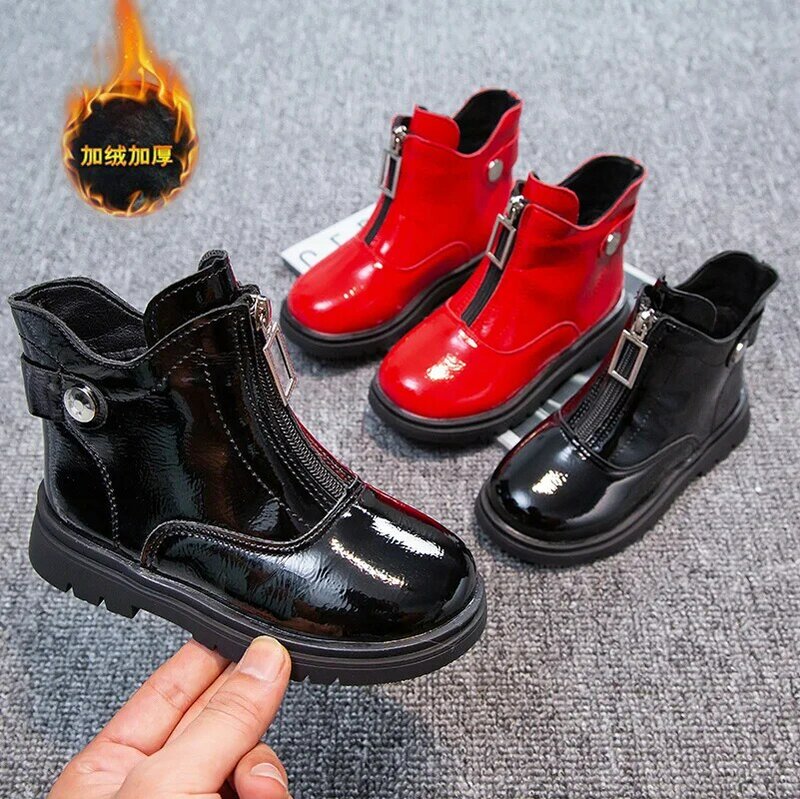 Red Front Zipper Cool Glossy Back Button All-match Children Fashion Short Boots for Girls Non-slip Japanese Spring & Autumn New
