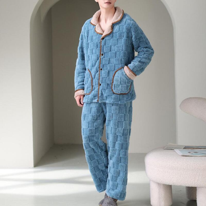 Conjunto de pijama coral masculino, loungewear inverno, casaco grosso de pelúcia quente, bolsos elásticos na cintura, roupas homewear, 2 peças por conjunto