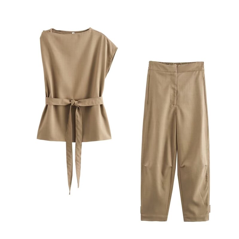 Suit Women's 2-piece 2024 Fashion Asymmetric Blouse Retro Sleeveless O-neck Blouse+casual Waist Trousers Women's Suit