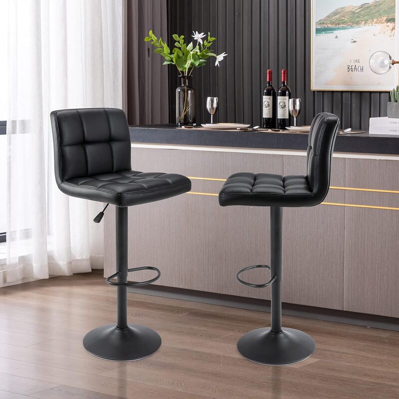 PU Leather Square Bar Stools, Modern Adjustable Swivel Barstools with Back, Armless Airlift Counter Height Chairs for Kitchen