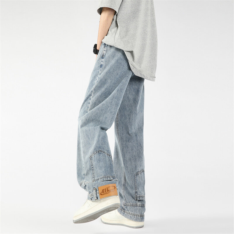 FEWQ dicuci lebar kaki pria Jeans Niche dicuci celana 2024 kantong desain warna Solid Vintage pria celana Fashion 24X9125