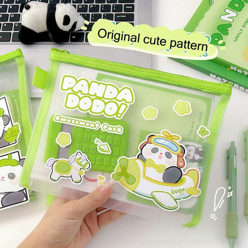 Portátil Panda File Bag com Zipper, Organizador de papelaria de grande capacidade, Design dos desenhos animados, Pen Gift