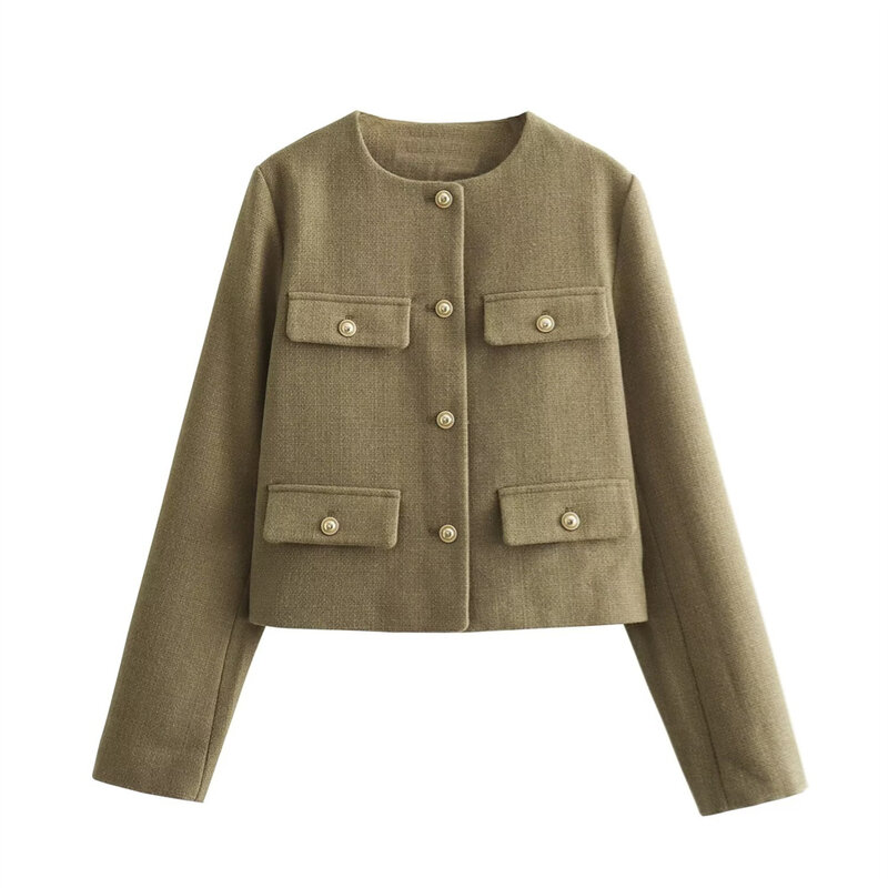 UNIZERA-Terno curto versátil casual feminino, casaco de gola redonda, decoração flip, moda inverno, novo produto, 2023