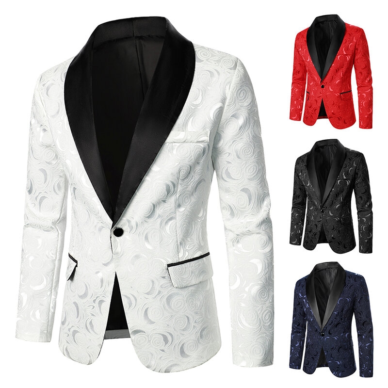 Abrigo de traje de tela Jacquard brillante para hombre, Blazer ajustado, diseño de lujo, rosa, cuello de Color de contraste, fiesta, moda informal