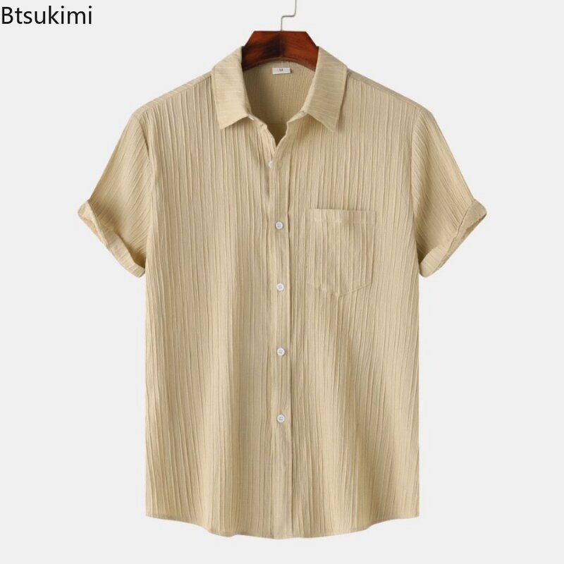 2024 neue Herren feste gestreifte Hemden Sommer mode Kurzarm einfache Revers Tops männlich lässig Urlaub täglich tragen Camisas Homme