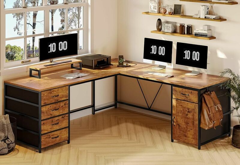 L geformter Schreibtisch, 63 "Computer tisch mit 5 Schubladen und Steckdose für das Home Office