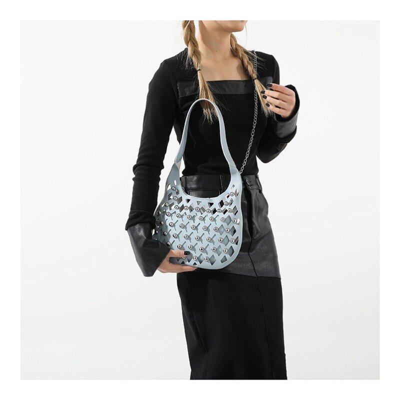 Fashion Shoulder Bags Metal Rivet Handbag Leather Hollowed Out Unique Design Messenger Bag  Underarm Bags 2 Piece Set for Women