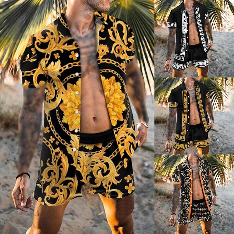 Camisa con botones para hombre, conjunto de pantalones cortos de manga corta, estilo barroco, informal, para fiesta en la playa, Verano
