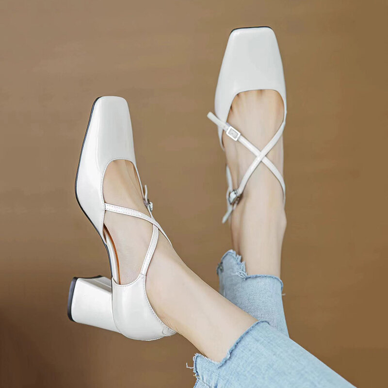 2024 new summer women pumps Square Toe Leather Silver Buckle Strap Mary Janes Shoes Elegant French Style party dress shoes