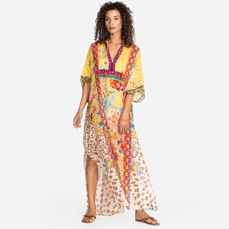 Styl marokański Kaftan artystyczny nadruk lato V Neck sukienka plażowa długa tunika kobiety odzież plażowa osłona do Bikini Up Robe De Plage