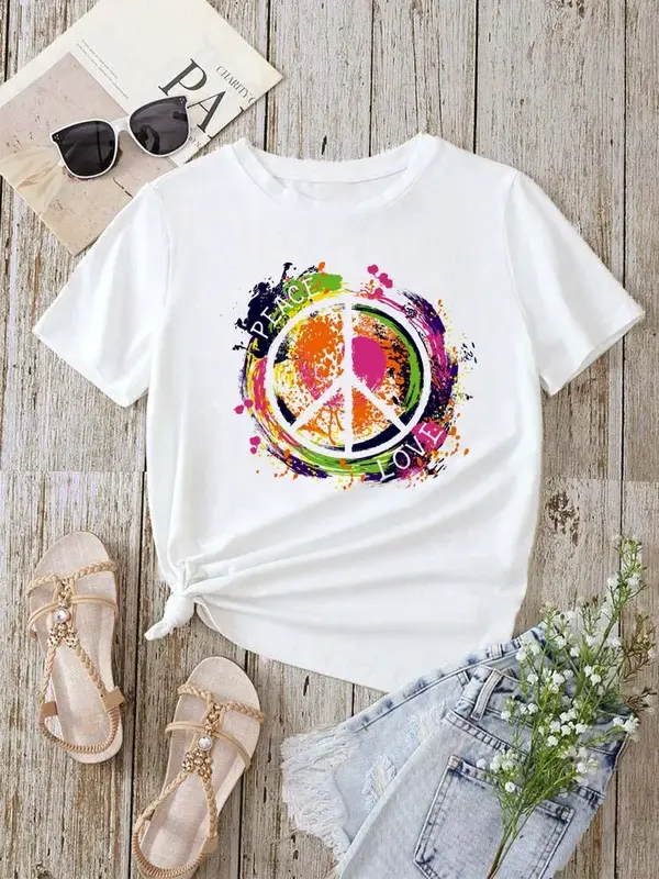 Peace Love T Shirt Summer Women Short Sleeve Leisure Top Tee Casual Ladies Female T Shirts  Woman Clothing
