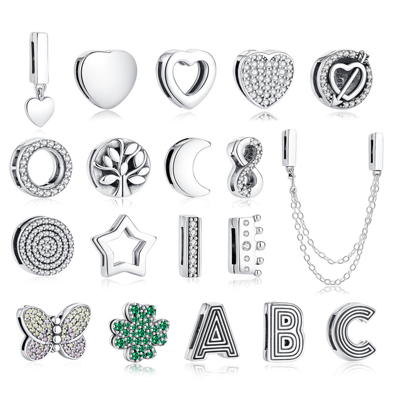 925 encantos de prata esterlina para mulheres, miçangas, reflexões originais, clipe, coração, trevo, coroa, pulseiras Pandora, jóias DIY