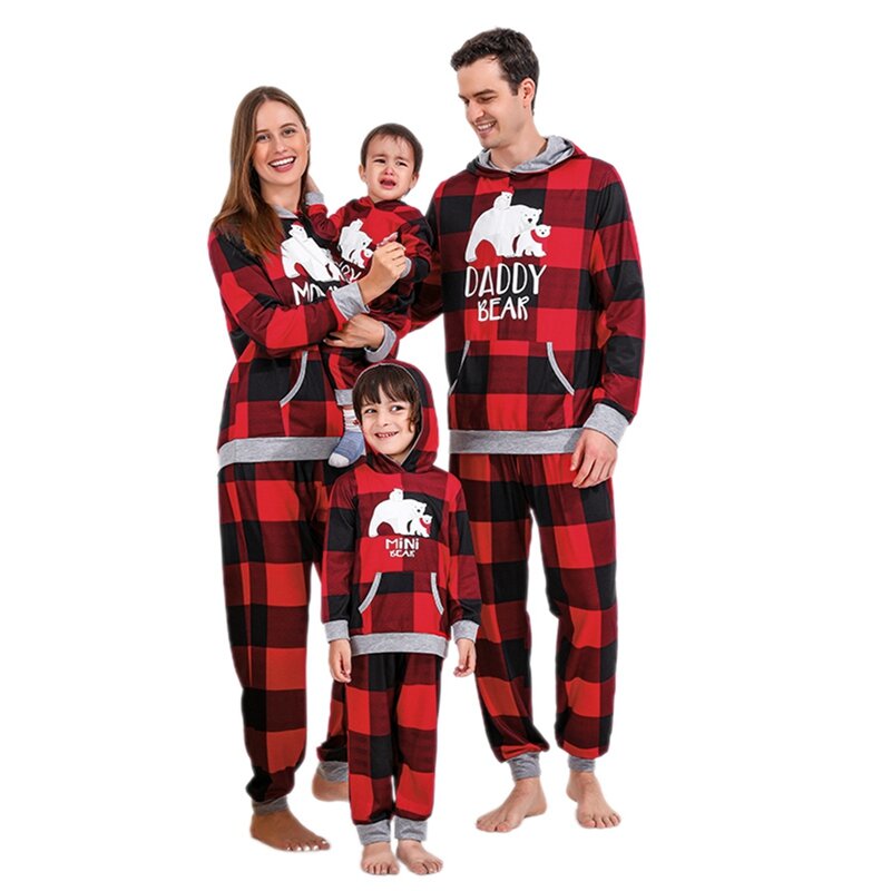 Kerst Familie Bijpassende Trainingspakken Volwassen Kids Bear Print Plaid Capuchon Sweatshirt En Casual Joggingbroek
