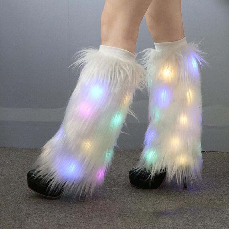 Calentadores de piernas peludos con luz LED, cubiertas de botas de piel de imitación, calcetines elásticos de felpa, cálidos y cómodos
