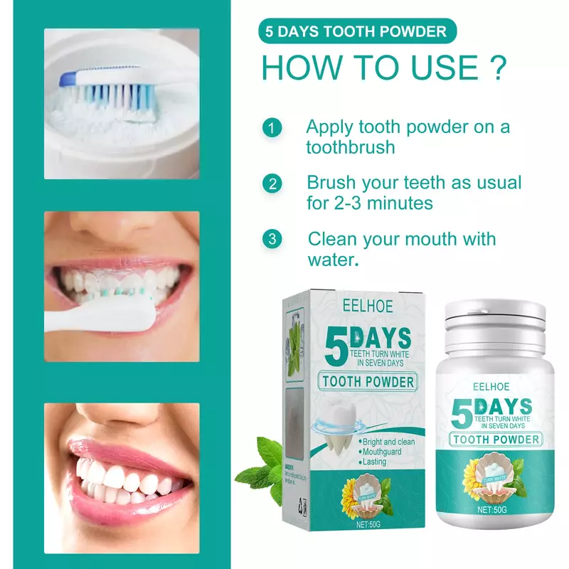 Порошок для отбеливания зубов EELHOE, 5 дней, для чистки зубов, гигиена полости рта, уход за зубным налётом, пятна для клетки, натуральный инструмент для очистки