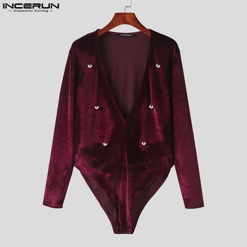 INCERUN-body de Velour para hombre, traje de manga larga con cuello en V y botones, ropa de calle informal, Color sólido, S-3XL, 2024