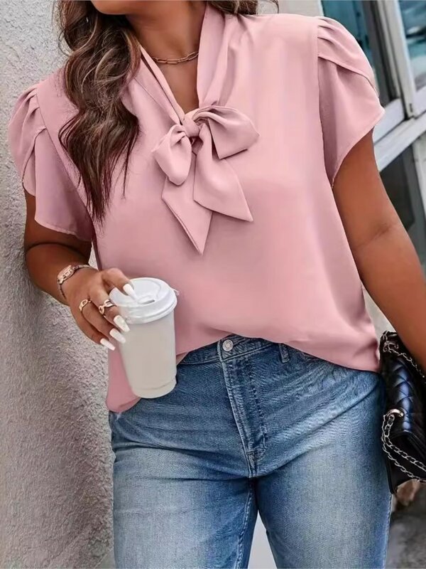 Plus Size Summer Pullover Tops Women Bow Collar Fashion Elegant Pink Ladies Blouses Loose Casual Pleated Woman Tops