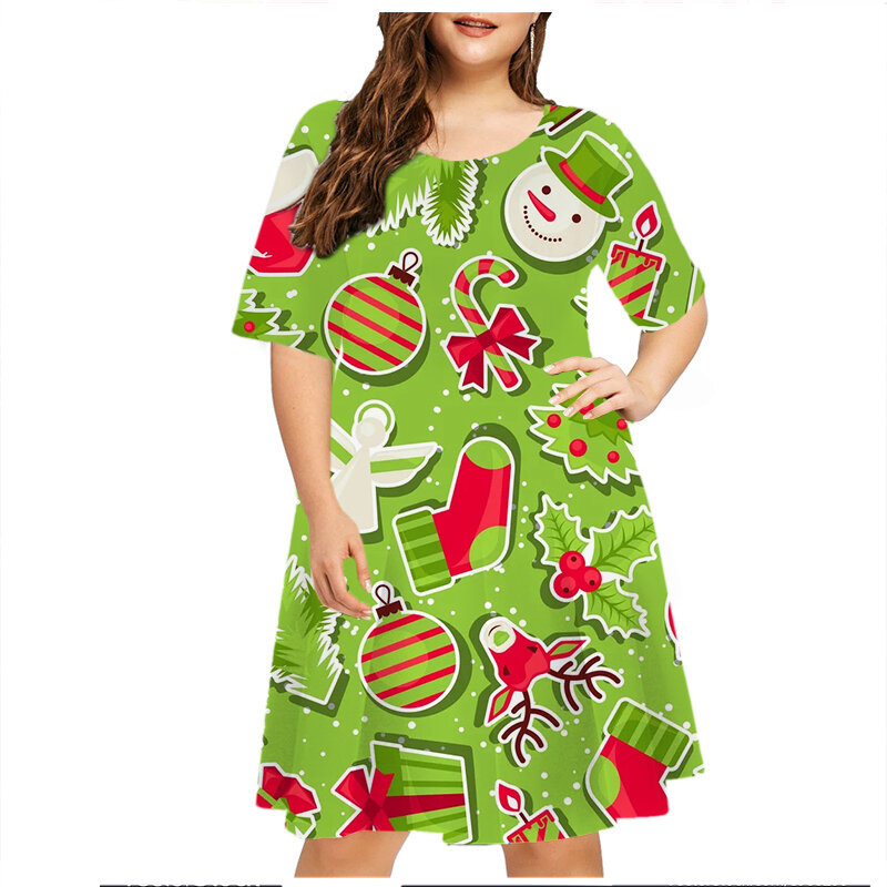 Robe de fête de Noël à motif de dessin animé pour femmes, robe trapèze à manches courtes, impression 3D, vêtements d'été décontractés, grande taille, élégante, douce