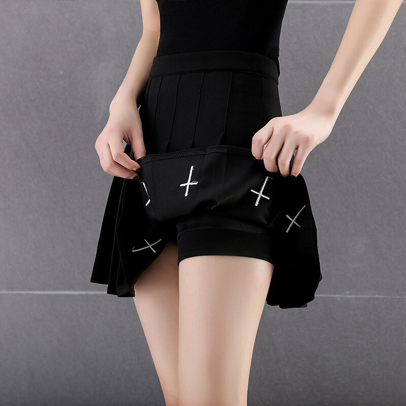 Falda plisada de cintura alta para mujer, falda negra con bordado cruzado, cintura elástica, sensación dulce y fresca, Harajuku, 2024