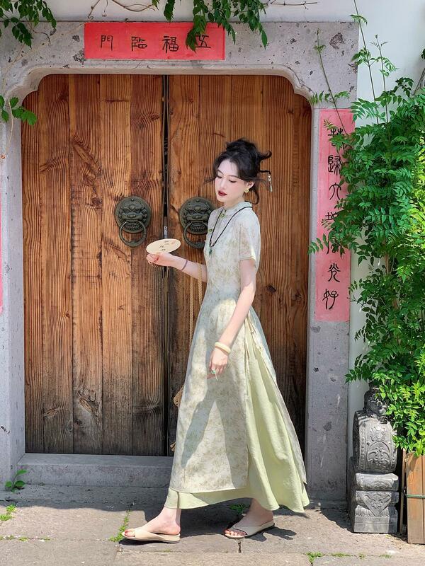 Vestido cheongsam floral feminino, cheongsam de bambu tradicional, elegante qipao, estilo oriental moderno, novo chinês