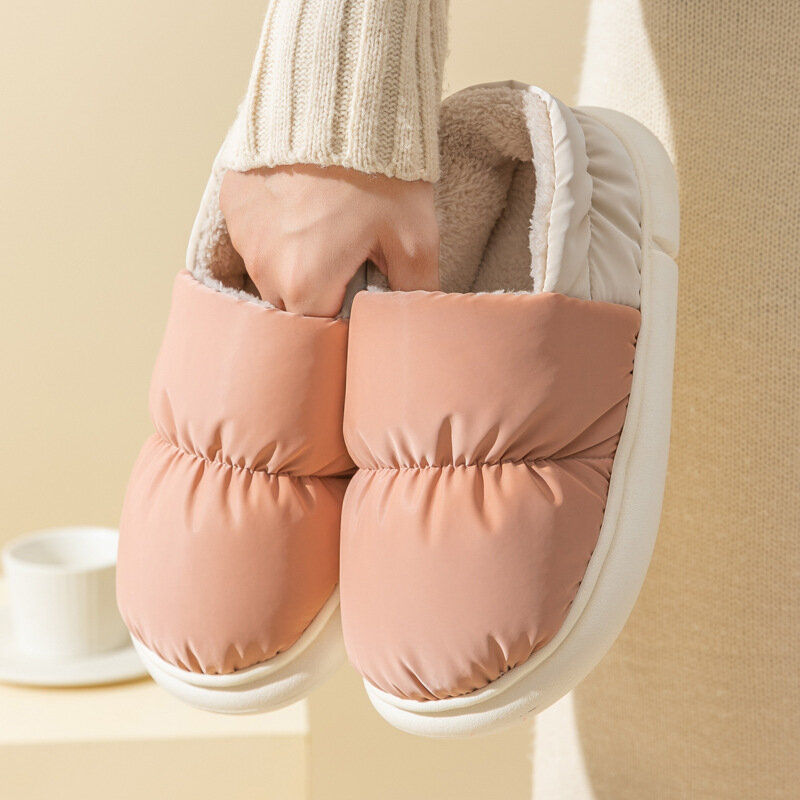 Zapatillas de algodón cálidas para hombre y mujer, pantuflas de fondo grueso para interiores, tela de plumón de PVC, Invierno