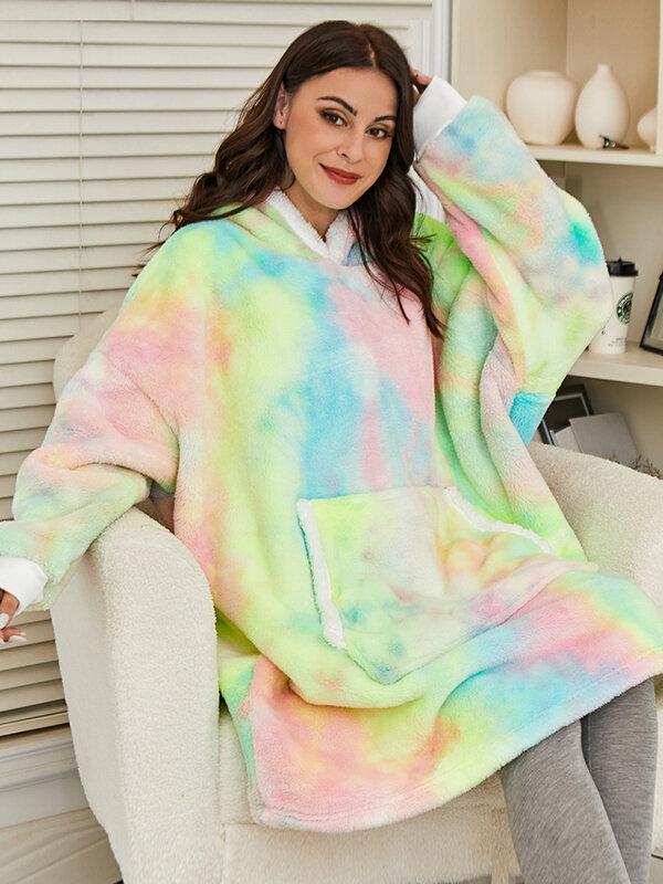 Oversized moletom com capuz feminino tie dye hoodies velo gigante wearable cobertor com mangas inverno pulôver sudadera mujer