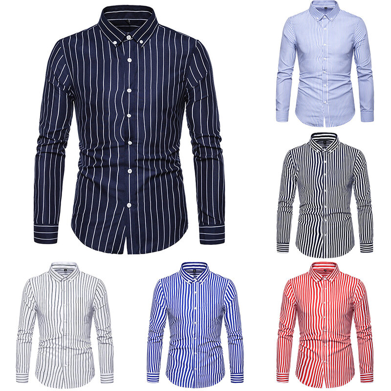 Mode Herren Streifen Business Shirts Einreiher Knopf Revers Langarm lässig formelle Kleid Tops T-Shirt Kleidung männlich