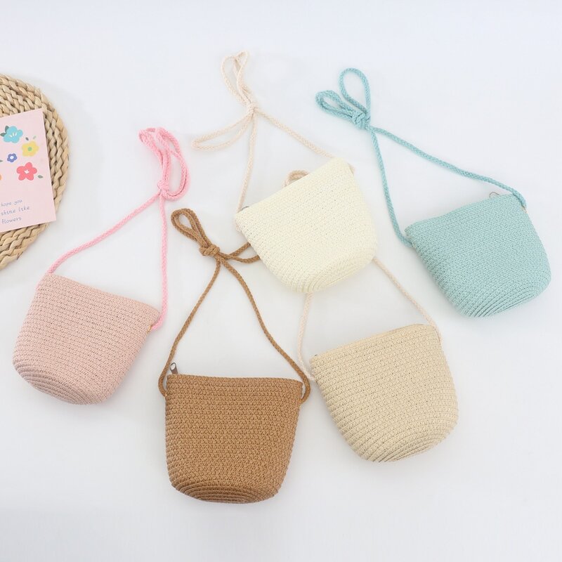 2024 New Summer Children Girls Shoulder Bag Creative Pure Color Straw Messenger Bag Kids Coin Purse Cute Princess Mini Handbag