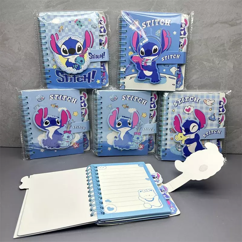 Disney Stitch Notebook com Conjunto de Caneta Esferográfica, Creative Cartoon Student Papelaria, Bobina portátil, Presente das crianças, Aleatório, Novo, 1 Pc