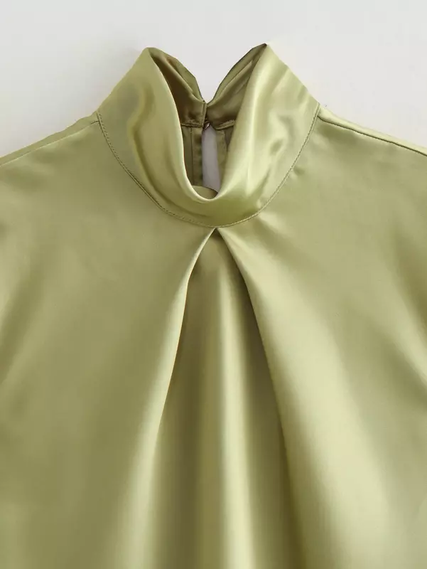 Camisa de cuello alto con textura satinada para mujer, blusa retro sin mangas, top elegante, decoración plisada, informal, nueva moda de verano