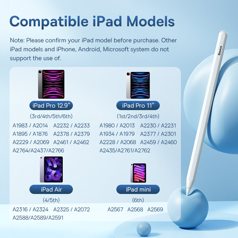Bas192.- Stylet numérique Gen2 pour iPad 4, 5, Pro 11 et 12.9 ", Mini 6, Apple Pays l-Like Pen, Supporting Palm Rejection Pens