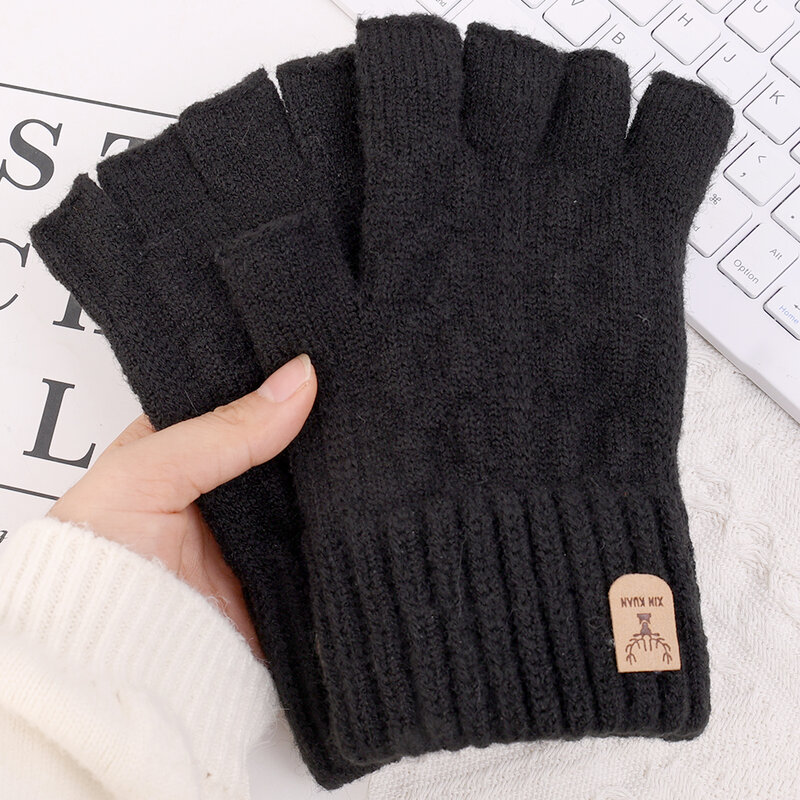 Unisex Winter Writting Office Half Finger Gloves Men Women Cashmere Knitted Thick Thermal Fingerless Gloves Warm Driving Mittens