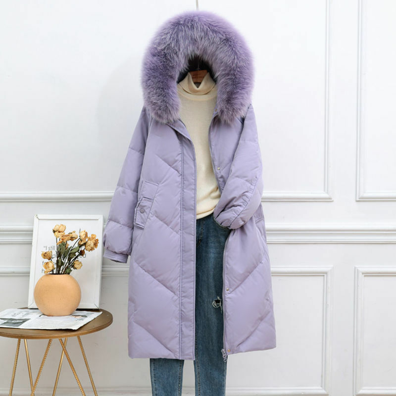 Jaqueta de comprimento médio para baixo, modelo feminino estilo coreano com gola de pele grossa e quente, novo modelo de inverno