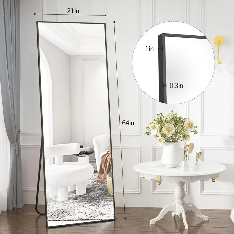Miroir sur pied rectangulaire avec cadre en aluminium, miroir pleine longueur, grand miroir noir, mur autoportant, 64 po x 21 po