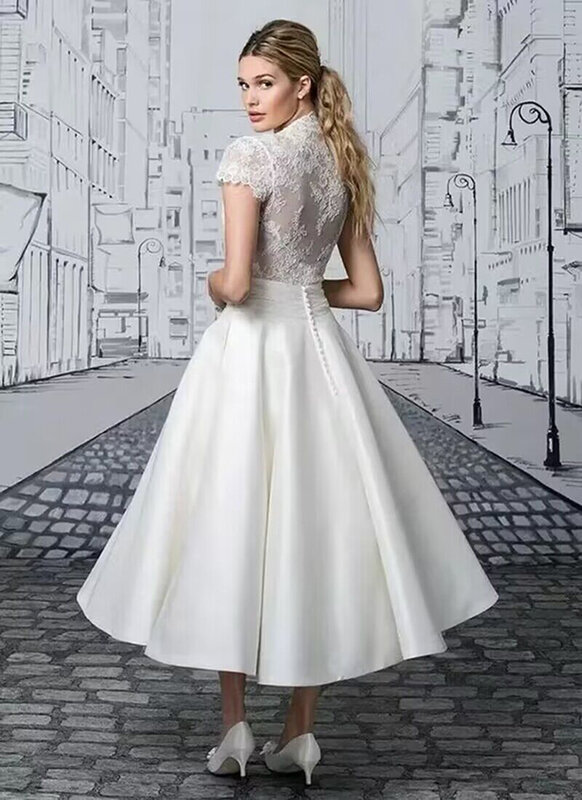 فستان زفاف برقبة على شكل V مزين بالدانتيل ، طول الشاي ، مصنوع حسب الطلب ، خط ، أزرار ، ساتان ، بسيط ، أبيض ، فساتين زفاف عاجية ، خارجية