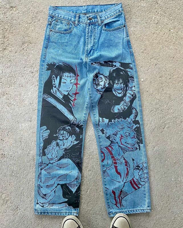 Harajuku Anime Grafische Wide Leg Jeans Streetwear Y 2K Jeans Voor Mannen Nieuwe Japanse Stijl Hoge Taille Jeans Wijde Broek Broek