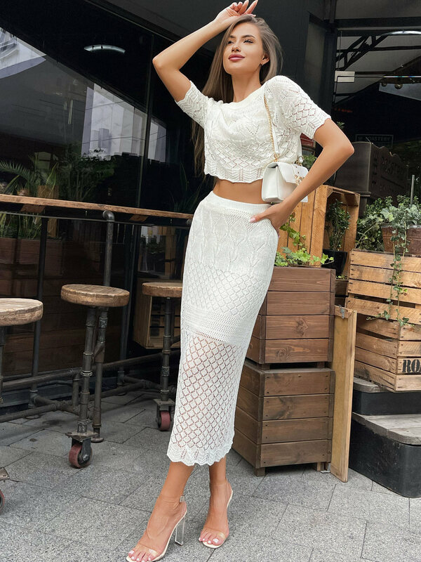 Knitted White Short-sleeved Skirt Suit, High Waist, Hip-covering, Slimming Skirt, Gentle, Sweet, Sexy And Slim Two-piece Set